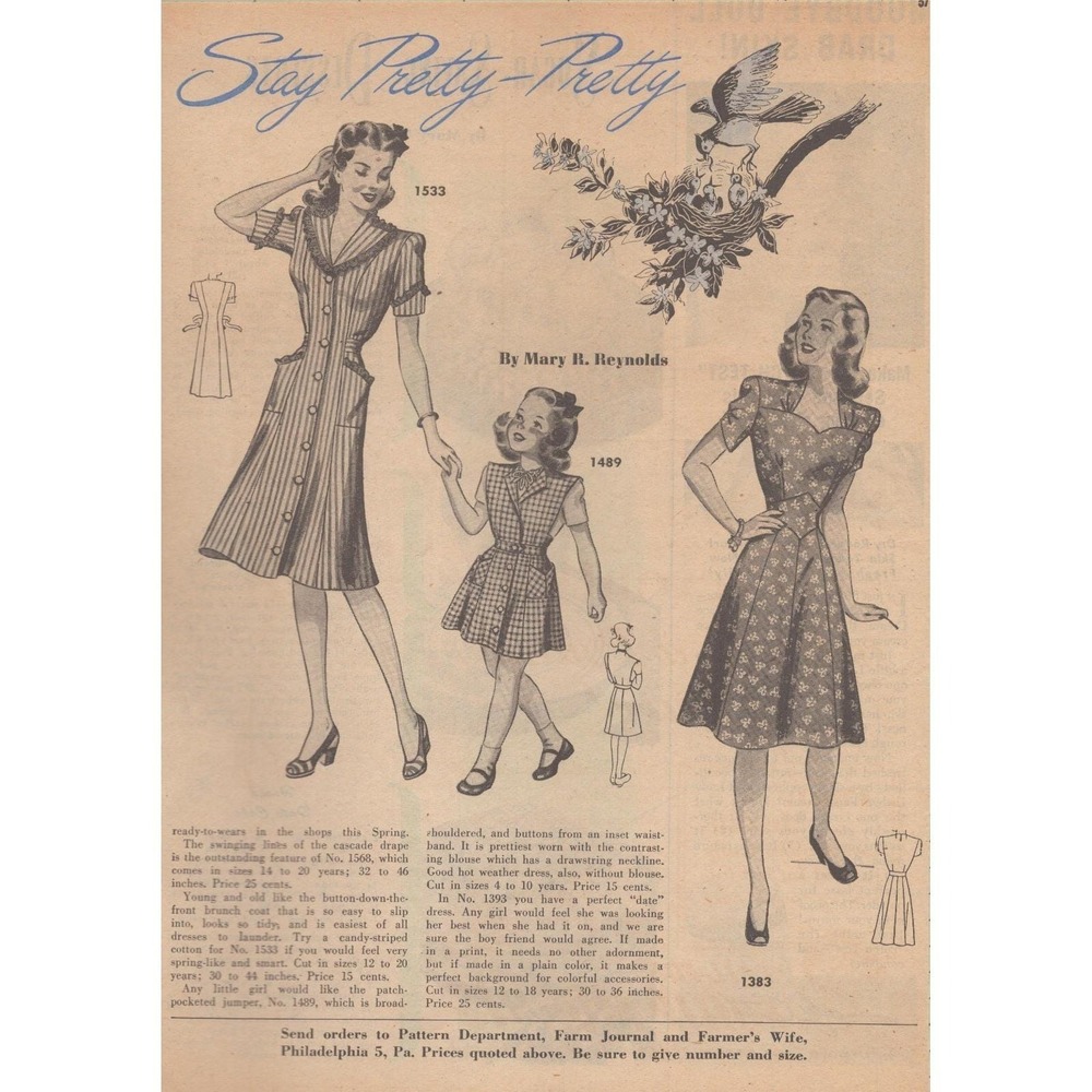 1945 Farm Journal Sewing‎ Pattern Vintage Print Ad Dresses Mary R Reynolds MCM